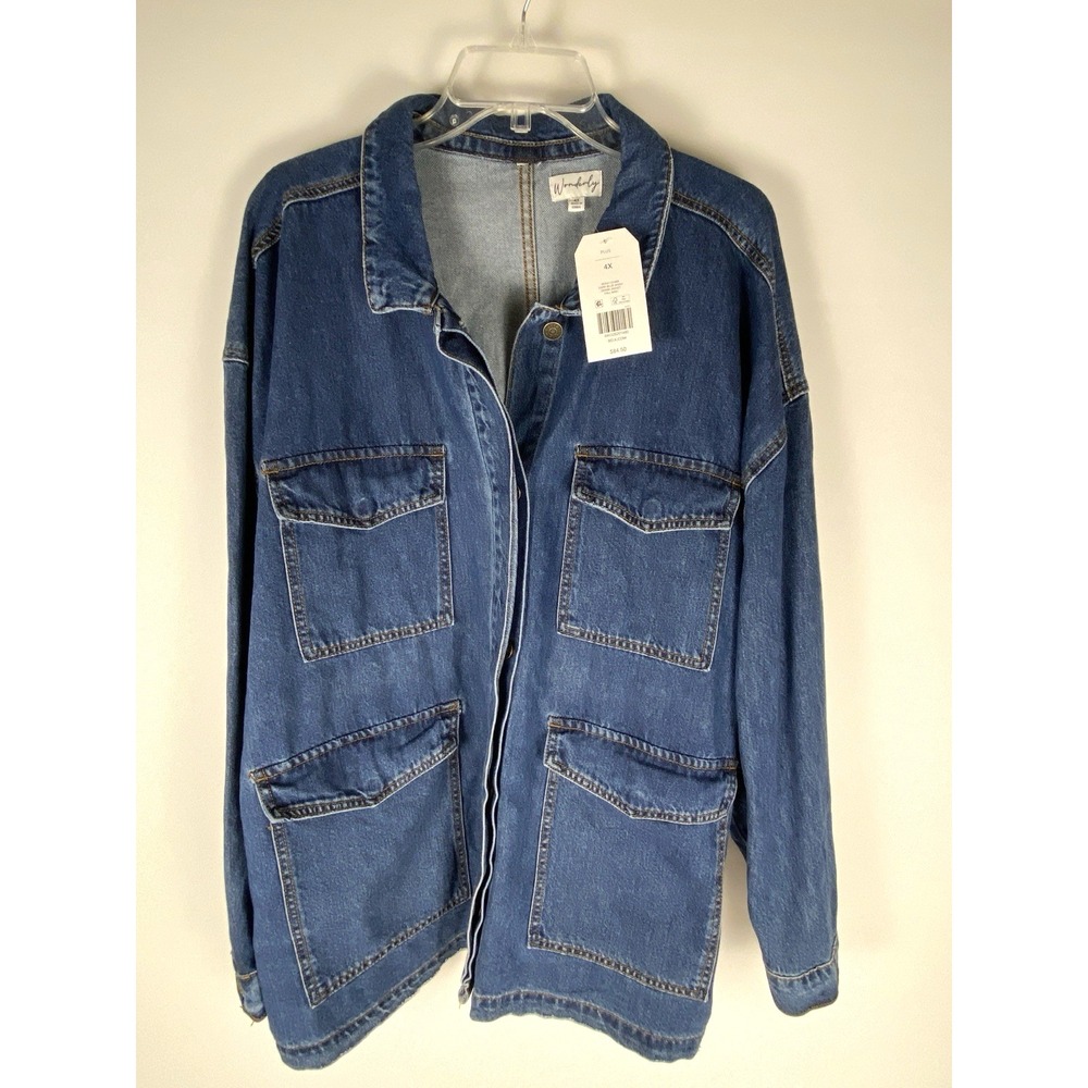Wonderly Women's Denim Medium Wash Utility Jacket Plus Size 4X Pockets Button Up